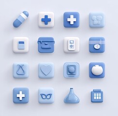 Medical icons set in blue and white on a light background
