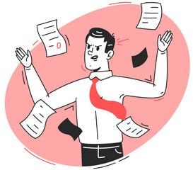 Upset Businessman in White Shirt and Red Tie with Documents in the Air on a Red Circular Background