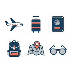 Travel and Vacation Icons Set Airplane, Luggage, Passport, Backpack, Map, and Sunglasses