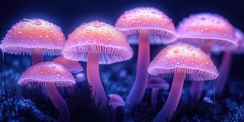 Obraz premium Glowing Dew Covered Mushrooms In Dark Forest