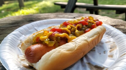 Delicious hot dog on a paper plate outdoors.