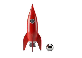 Vintage red and white model rocket ship and chrome sphere, angled 45 degrees with shadowless studio light on a solid transparent background, concept of elegant product design