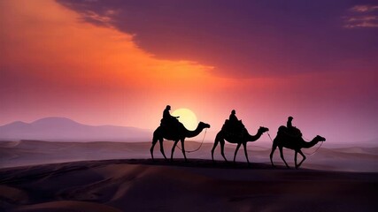 Dramatic silhouettes of desert travelers riding camels across stunning sand dunes at sunset - ideal for travel blogs and exotic adventure promotions