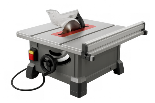 Electric table saw standing with blade guard on transparent background