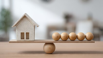 Miniature house balanced with eggs on a wooden scale symbolizing concepts