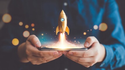 Digital Launch: A person holding smartphone as a rocket launch symbolizing new venture