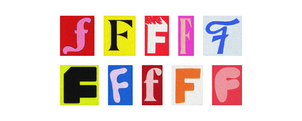 Colorful letter F collage from magazine clippings, isolated transparent PNG
