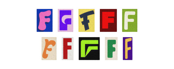 Colorful letter F collage from magazine clippings, isolated transparent PNG
