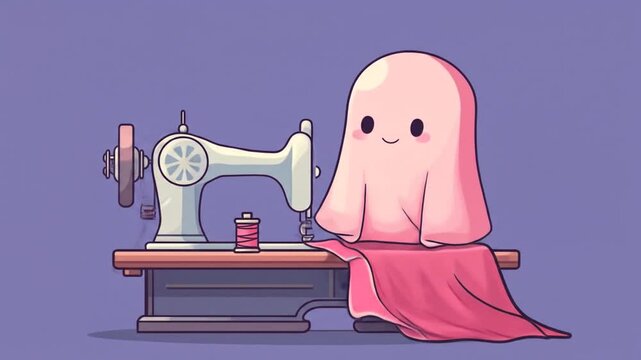 Cartoon ghost character sewing with machine on purple background
