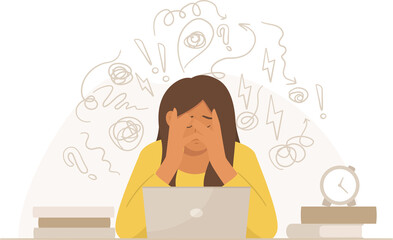 Woman with Brown Hair Covering Face in Distress Over Computer with Beige Background and Cluttered Thought Bubbles