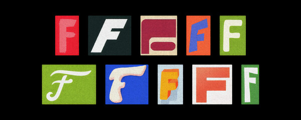 Bold letter F collection in varied styles, magazine collage on black
