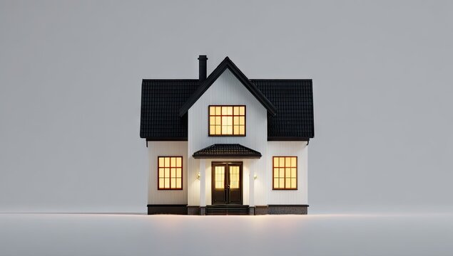 Model of a classic home with illuminated windows on gray background