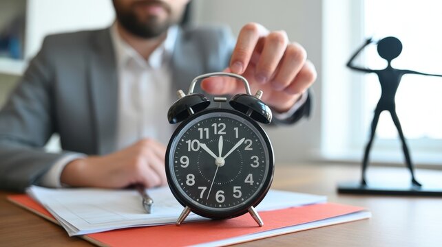Clocking In: A focused individual adjusting a classic alarm clock amidst office essentials, highlighting the significance of time management.