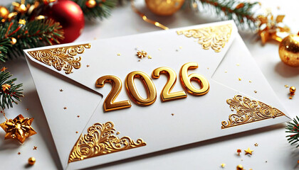 New Year's card with gold numbers 2026, surrounded by festive Christmas decorations.