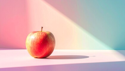 Fresh red apple placed on a pastel-colored surface with soft light and shadows.
