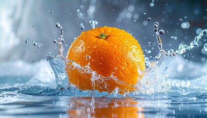 Fresh orange splashing into water with dynamic droplets frozen in motion.
