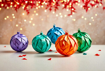 Five vibrant origami Christmas ornaments in various colors displayed on a soft surface against a festive background with twinkling lights and red decorative elements.