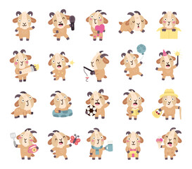 Goat character set in scandinavian style showing different emotions and poses while singing, sleeping, reading, cooking, painting, farming, gifting, sporting, drinking, catching butterflies