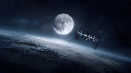 An International Space Station gracefully orbits Earth with the Moon visible in the background against a starry cosmic backdrop