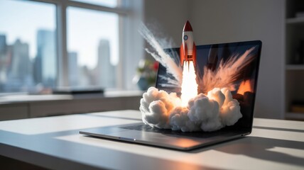 Digital Launch: A dynamic visual representation of innovation and progress, a rocket bursts forth from a laptop screen, illuminating a clean modern desk in a bright office setting. 