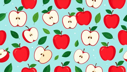 Playful apple-themed background with colorful fruit and leaves repeating.
