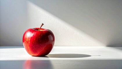Fresh red apple placed on a plain surface with soft natural shadows.
