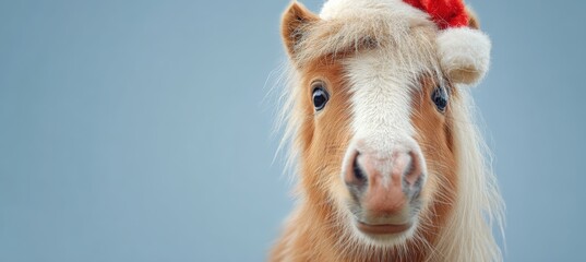 Adorable Pony with Fluffy Mane in Santa Hat on Blue Background
