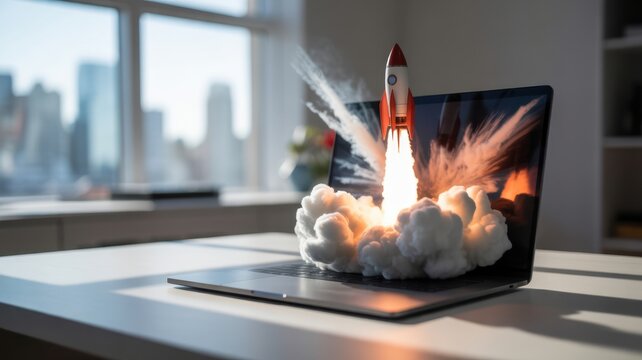 Digital Launch: A dynamic visual representation of innovation and progress, a rocket bursts forth from a laptop screen, illuminating a clean modern desk in a bright office setting. 