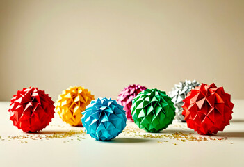 Colorful Origami Spheres Arranged on a Surface