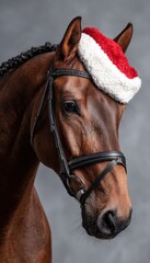 Fototapeta premium Brown Horse with Braided Mane and Santa Hat in Studio Photography