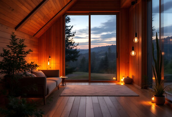 Cozy Modern Cabin Interior with Panoramic Mountain View at Sunset.