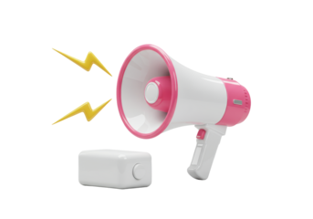 Modern stylized white megaphone with pink details and yellow lightning bolts, elegant white cylindrical block, transparent studio background. Concept of high-tech product design