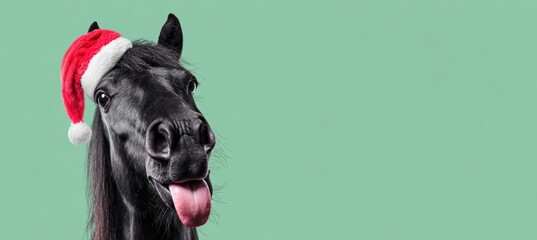 Funny Black Pony in Santa Hat Sticking Tongue Out on Green Background