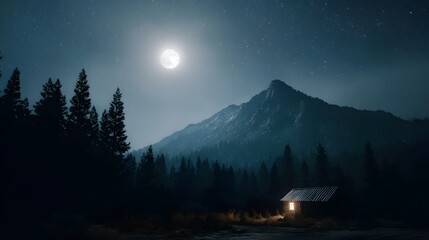 A remote mountain cabin glows with warm light under a bright full moon and starry sky