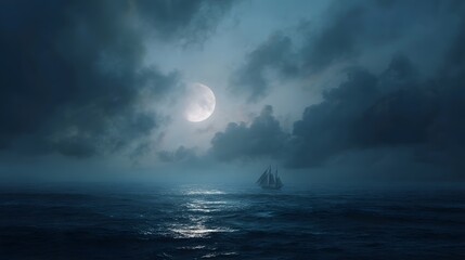 A majestic tall ship sails on a calm moonlit ocean under a cloudy night sky