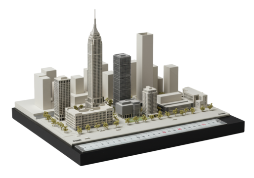 Miniature modern city model, polished metallic scale ruler, seamless transparent, no shadows, concept of precision and modern sophistication