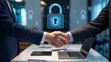 Cybersecurity Partnership: A symbolic handshake between two professionals seals a data protection agreement. In the digital age, secure and private information is a growing concern