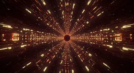 Abstract Digital Wormhole Tunnel with Glowing Lights and Dark Center