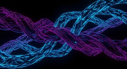 Vibrant blue and purple abstract glowing strands intertwining in a dynamic digital representation, symbolizing connectivity, data flow, or molecular structures in a futuristic context