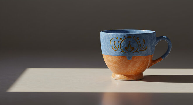 A blue and orange floral ceramic teacup lit by soft light. Portraying elegance and nostalgic classic vibes.