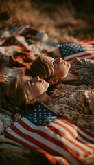 Fototapeta premium Siblings Relax on Picnic Blanket with American Flags in Serene Setting