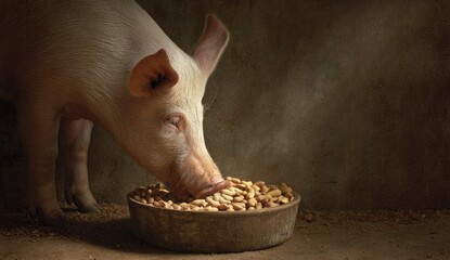 Pig eating from a bowl indoors with natural lighting and copy space