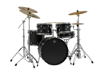 A black acoustic drum set with chrome hardware and black drumheads, featuring a wooden drumstick on the snare, isolated against a seamless transparent studio background with no shadows, perfect