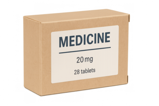 Medicine box showing tablets dosage on transparent background