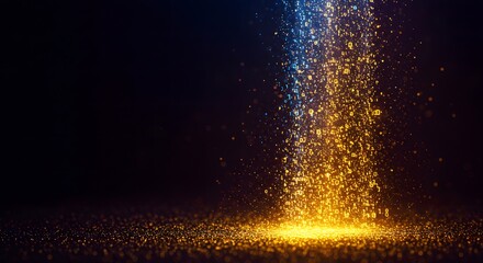 Dynamic abstract background of shimmering golden and blue particles falling on a dark textured surface, creating a magical and luminous sparkling effect