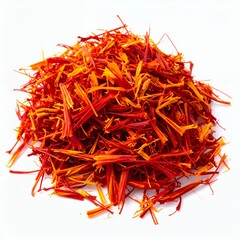Delicate strands of saffron spice against a clean white canvas showcasing vibrant colors