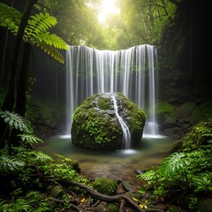 Serene Waterfall in Lush Jungle.