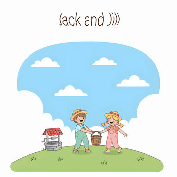 Energetic vector of Jack and Jill running with a bucket from a well. A lively take on the classic rhyme for kids&rsquo; stories and educational designs.