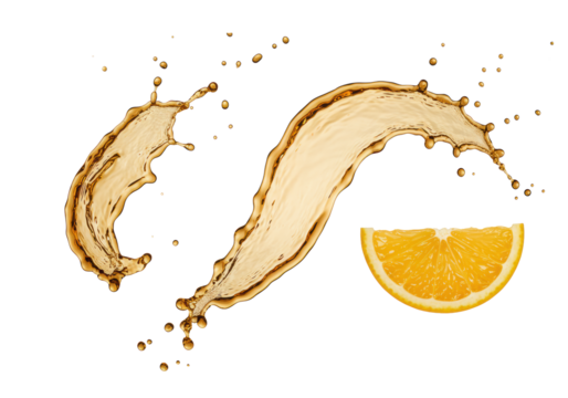 Golden amber liquid splashes frozen with droplets, beside a translucent citrus slice on a transparent background, dynamic 45-degree studio view, high-speed, premium product advertising concept