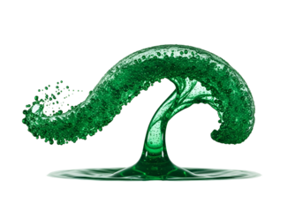 A vibrant emerald green liquid, captured in mid-motion, forms a swirling, dynamic wave, showcasing an abstract, artistic representation of fluidity against a stark black background.